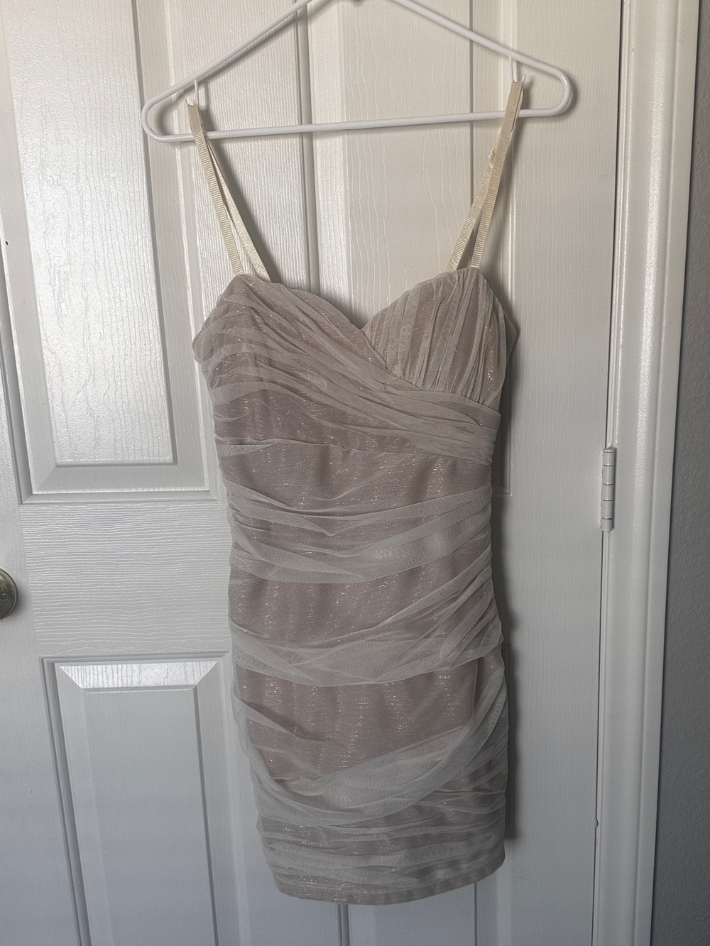 Max & Cleo Champagne Mesh Ruched Mini Dress